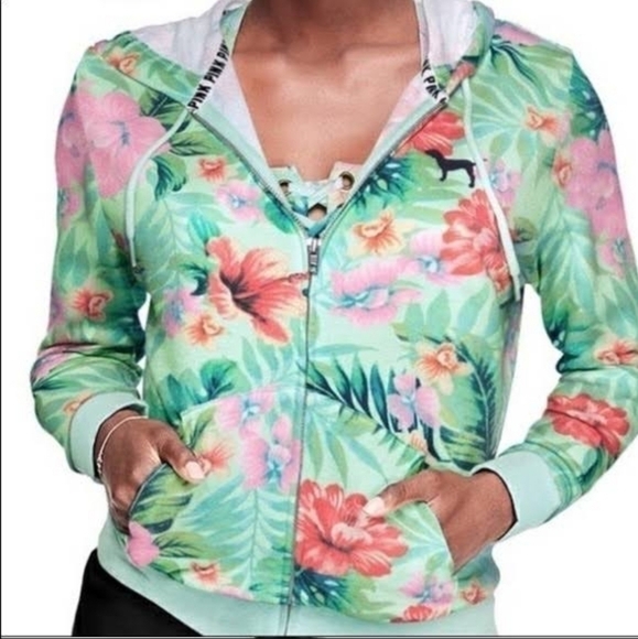 PINK Victoria's Secret Tops - VS PINK Green Orange Pink Floral Tropical Full-Zip Hoodie